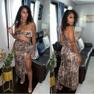 Elegant Brown Patterned Skirt set